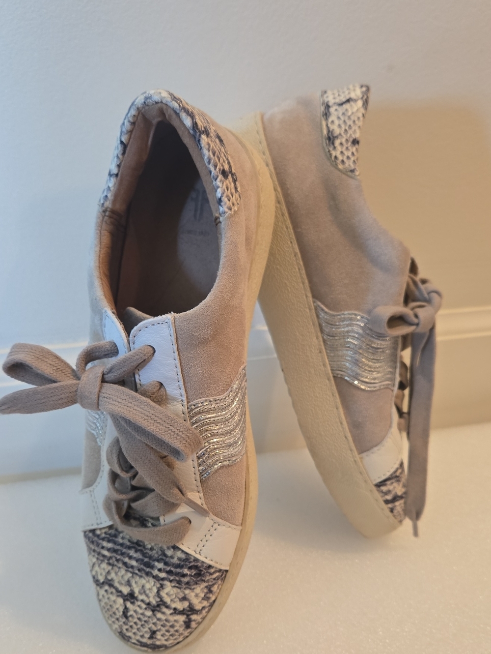 Frye Webster Wave Taupe Suede Sneakers with Silver Stripe & Snake-Print Accents